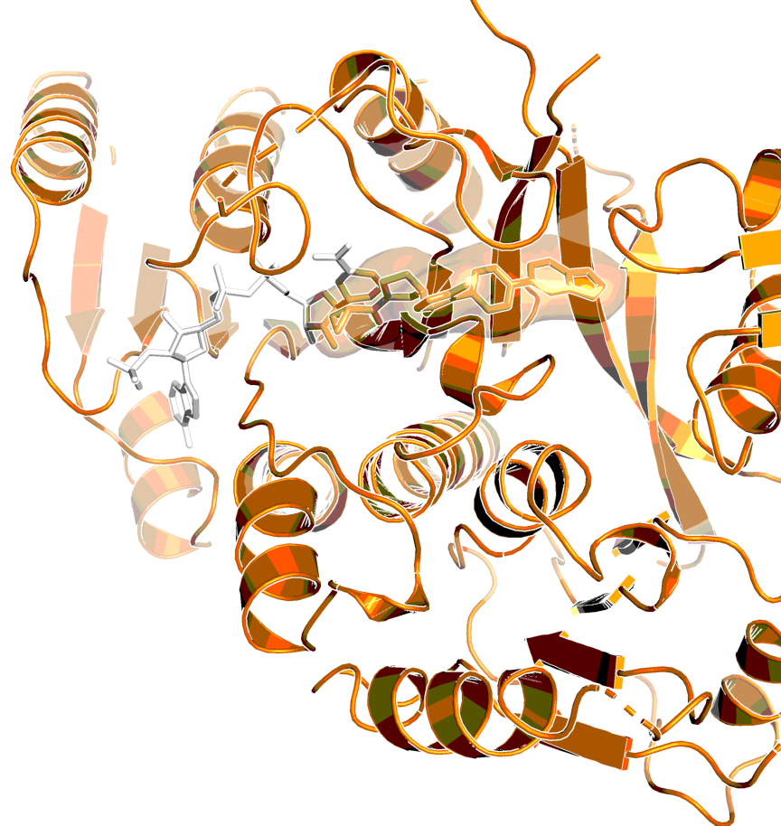 Human Fatty Acid Synthase Psi/KR Tri-Domain with GSK2194069 bound next to NADPH (grey; PDB code: 4piv)