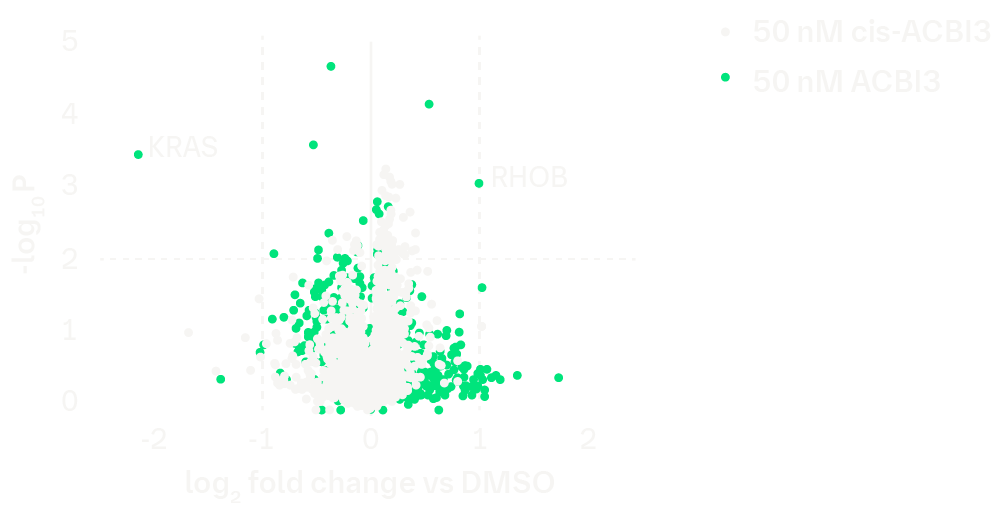 Volcano plot of whole cell proteomics MS analysis of GP2d cells treated with 50 nM ACBI3 or inactive stereoisomer cis-ACBI3